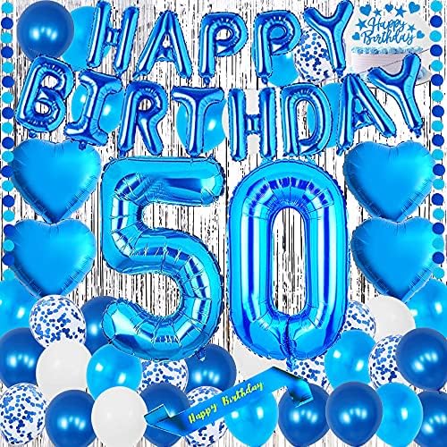 יוג'יאונלי קישוטים למסיבת יום הולדת 50 כחול יום הולדת שמח בלונים כחולים מספר 50 יום הולדת שמח עוגת