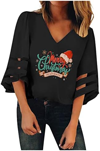 FMCHICO Womens V-Neck Mesh Top 3/4 שרוולים רופפים חולצות חג מולד סוודאות חולצות טוניקה חולצות טוניקה