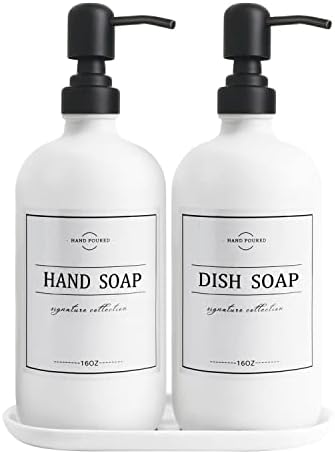 מתקן סבון זכוכית עם משאבה ומגש - בקבוקי מתקן סבון כלים ביד לסבון ידיים, סבון כלים, קרם - מתקן סבון