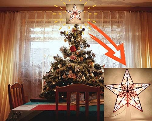 Xinmengyuan 9 אינץ 'נוצץ דפוס אדום-למראה עץ עץ כוכב עם אור צהוב לקישוט עץ חג המולד
