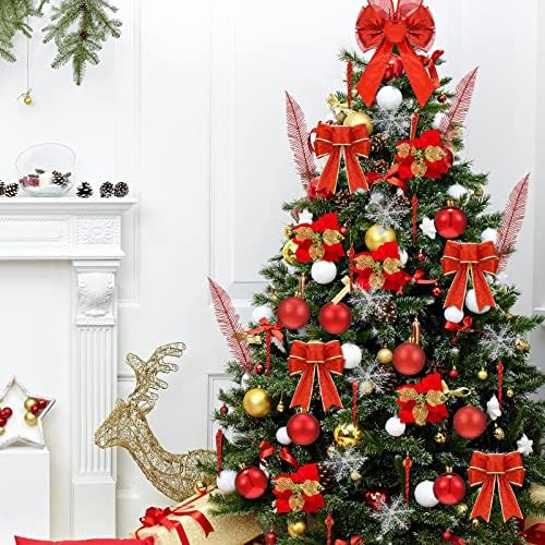 קישוטי עץ חג המולד של BBTO 114 PCS כוללים קישוטים לכדור, פוינסטיה נצנצים, טופר, קשתות, פתיתי שלג, סרטים, חרוטים