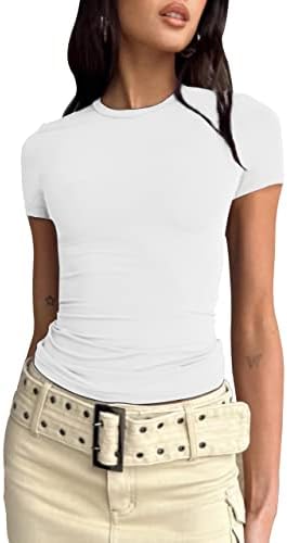 SAFRISIOR נשים יבול מוצק בסיסי חולצות טייז עגול צוואר עגול צורה שרוול קצר מתאים אימון טיול חולצת יוגה ריצה