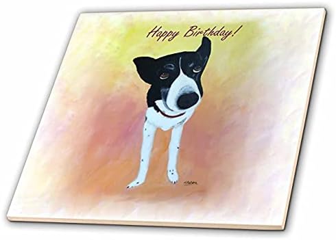 3 ורוד ציור חמוד של כלב בורדר קולי מסתכל למעלה ביום הולדת שמח-אריחים