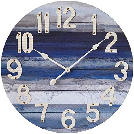 כחול חוף כחול 24 אינץ 'שעון קיר עץ - שעון דקורטיבי גדול עם ספרות ערבית לבנה - סוללה שקטה המופעלת למטבח, סלון,