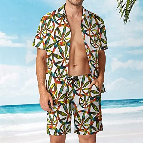 WEEDKEYCAT שלט שלום תלבושות חוף לגברים 2 חלקים כפתור הוואי למטה חולצה עם שרוול קצר ומכנסי תא