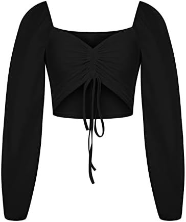 חולצות שחורות נשים פנס רשת שרוול ארוך צוואר צוואר סקסיות חתוכות נמוכות קפלים קפלים חולצות נערות נערות CD M