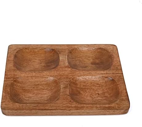 עץ מנגו אדהס 4 קטע מרובע מחולק המגיש פלטות, צלחת קינוח המגישה עיצוב שולחן