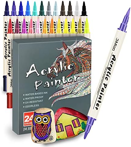 קצה כפול קצה אקרילי עטים 24 צבעים סמני צבע אקריליים אטומים למים פרימיום לאבן, ציור סלע, ​​קרמיקה, זכוכית, עץ,