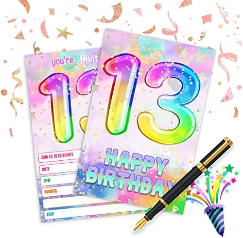 כרטיסי הזמנה למסיבת יום הולדת 13, הזמנה הולוגרפית של קשת עם מעטפות （20 סט)