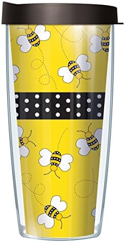 חתימה כוסות שובב מנוקדת דבורים עטיפהצהוב 16 אונקיה כפול דופן נסיעות כוס ספל עם שחור קל לגימה מכסה
