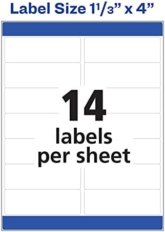 תוויות כתובת אייברי עם הזנה בטוחה למדפסות לייזר, 1-1 / 3 איקס 4, 350 תוויות, דבק קבוע, לבן