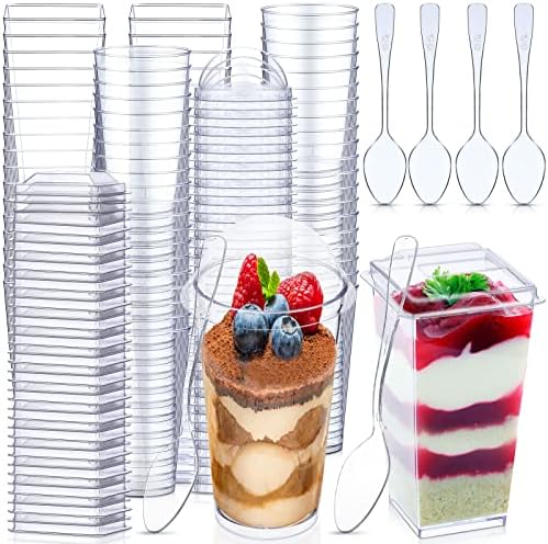 Nuogo 3 עוז כוסות קינוח מיני עם מכסים וכפות כוסות פלסטיק ברורות כוסות פרפית מרובעות עם מכסים עגולים עגולים כוסות