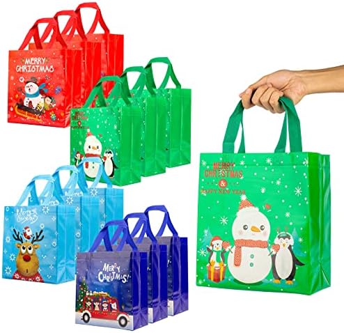 לטיבל 12 יחידות תיק חג המולד לשימוש חוזר שקיות מתנה לחג המולד שקיות לא ארוגות גדולות עם ידית, שקיות