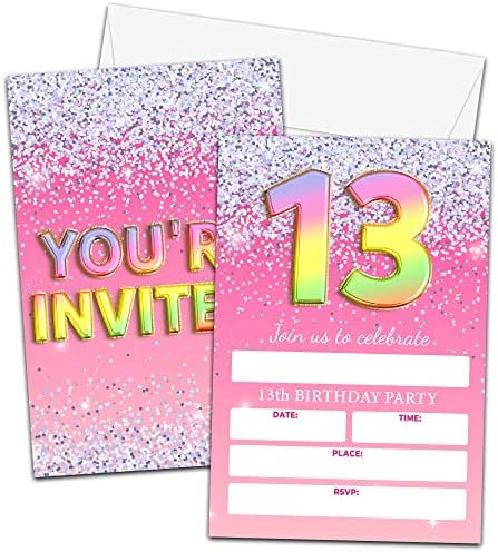 כרטיסי הזמנות למסיבת יום הולדת 13 - הזמנה ליום הולדת נצנצים ורודים לבנות/בנים - מילוי בלון קשת לילדים מזמין