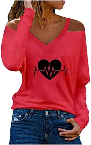 סטרפלס נשים חולצה V-Neck Coloful Heart Heart מודפס חיצוני סוודר סווטשירט כותנה נוח