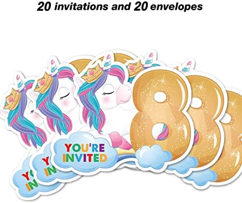 חד קרן חמוד הזמנות למסיבה 8 עם מעטפות, 20 חד קרן שמונה הזמנות בצורת שמונה הזמנות ליום הולדת שמיני ילדת ילדות