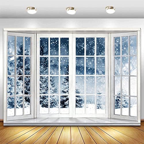 חורף מושלג יער סצנה חלון תמונה רקע 7 * 5 רגל למשפחה חג מסיבת פוטושוט לבן פתית שלג עץ צילום רקע