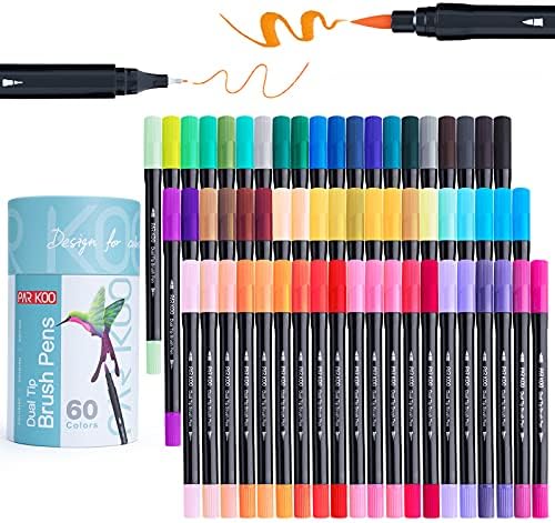 Parkoo מברשת כפולה עטים עטים לספרי צביעה, 60 צבעים אמן עדין וקצה מברשת סמני צביעה ליומן קיד ציור