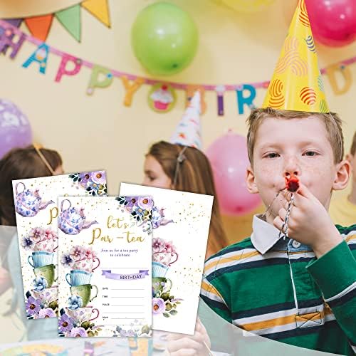 מסיבת תה של סויקסו כרטיסי הזמנה ליום הולדת, צבעי מים בצבעי תה פרחוני מסיבת יום הולדת הזמנה, ציוד חגיגת
