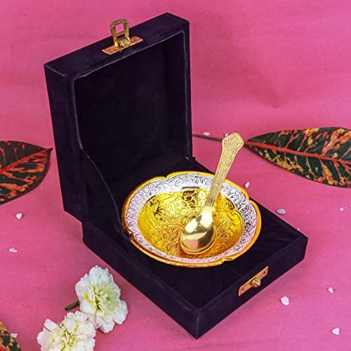 Satvik 1 SET מעצב זהב מכסף מצופה קינוח פרחי לוטוס פירות יבשים קערת הגשה מובלטת עם סט כף סט חגיגי דיוואלי פוג'אן