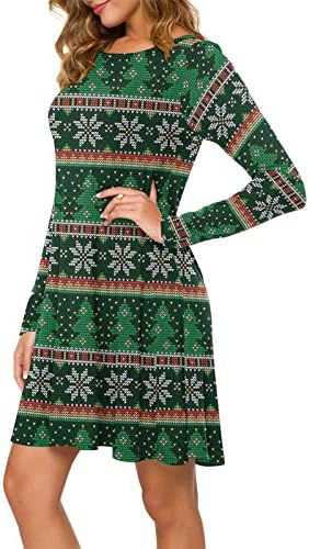 נשים Ubst שרוול ארוך שמלות הדפס, שמלת חולצת טריקו מזדמנת של נשים מיני א-קו מתנדנדת שמלת קוקטייל וינטג 'אלגנטית