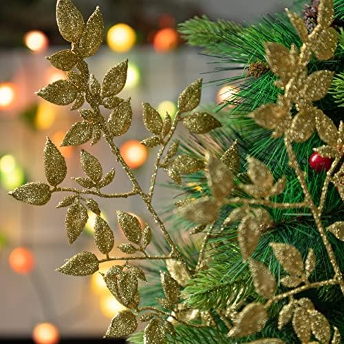 PEETEEPOE 12 יחידים נצנצים עלי חג מולד לעץ חג המולד, קישוטים לעלים אורן מלאכותיים, קישוטים לענפים תלויים