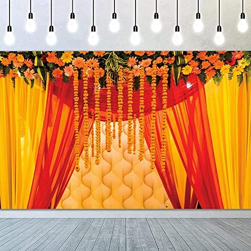 יונגפוטו 15 על 10 רגל הודי מסורתי רקע שמח הולי רקע הינדי הודי חתונה רקע פרח זר צהוב טול וילון
