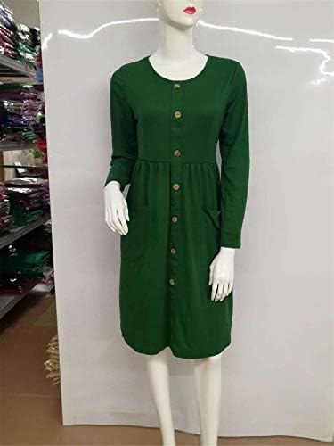 שמלות Andongnywell לצבע אחיד של נשים שרוול ארוך צוות צוואר כפתור למטה א-קו מזדמן לבוש בכיסים