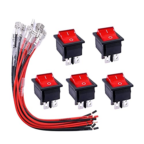 KQOO 5PCS AC 250V/16A 125V/20A נורה אדומה מוארת/כיבוי DPST 4 PIN 2 מיקום מתגי נדנדה+12 יחידות 6.3 ממ