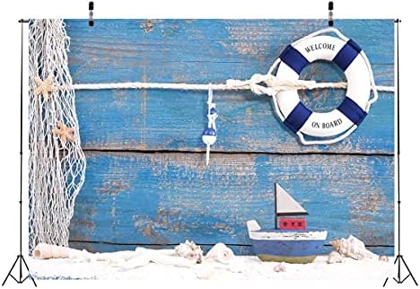 בלקו 10 על 6.5 רגל בד רקע ימי מצוף הצלה ופגזי סירת צעצוע על רקע עץ כחול רקע פטוגרפיה לקישוט
