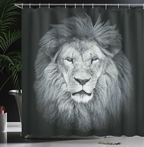 וילון מקלחת של אמבסון סוואנה, ראש אריה ענק עם רעמת פורה על רקע כהה מונוכרומי, סט עיצוב אמבטיה בד בד עם ווים,