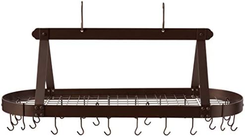 מתלה סיר תלייה סגלגל הולנדי ישן עם רשת ו -24 ווים, ברונזה משומנת, 48 x 19 x 15.5