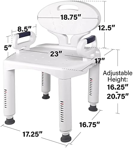 מושב אמבטיה לכיסא מקלחת רפואי עם משענות יד וגב, תומך בהרכבה של עד 350 פאונד, לבן וללא כלים