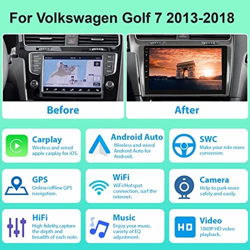 עבור פולקסווגן גולף 7 2013-2018 סטריאו לרכב עם Carplay Android Auto אלחוטי, 10 אינץ