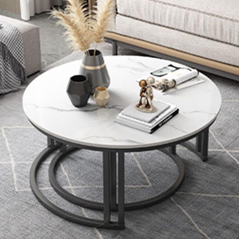 ערכת שולחן קפה בעבודת יד, שולחן קינון עגול עכשווי שולחן צד שולחן קצה מסגרת אבן עם מגירות לסלון, 27.5 אינץ 'על