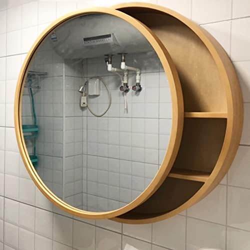 אמבטיה מראה ארון עץ מראה ארון עגול איפור מראה עם אחסון מתלה קיר רכוב ארון אמבטיה עם מראה