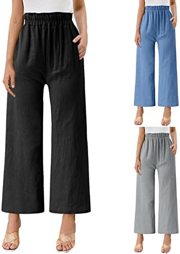 מקרית קיץ כותנה פשתן מכנסיים לנשים בבאגי ישר רגל מכנסיים גבוהה מותן ארוך מכנסיים עם כיסים קומפי מכנסי