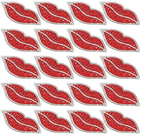 20 יחידות טלאי שפתיים אדומות לאבני חן, ברזל על טלאים תופרים על אבני חן אדום פלאי פייטים שפתיים למלאכת אפליקציה