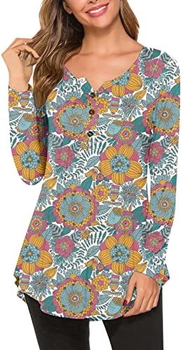 Nokmopo Womens Fall Fashion 2023 חולצות שרוול ארוך לחצץ צווארון קל משקל למטה טוניקה טוניקה דפוס דיגיטלי