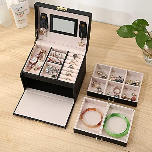 קופסת תכשיטים עם מכסה זכוכית 3 שכבות מארגן תכשיטים 2 מגירות אחסון תכשיטים שפע של שטח אחסון מתנה סגנון