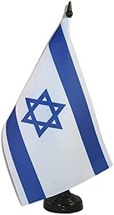 דגל AZ דגל ישראל דגל שולחן 5 '' x 8 '' - ישראלי - דגל שולחן יהודי 21 x 14 סמ - מקל פלסטיק שחור ובסיס