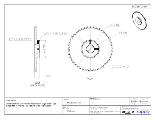 Tsubaki 60B45F-1R סיים את Sprocket משעמם, גדיל יחיד, אינץ ', 60 ANSI No., 3/4 המגרש, 45 שיניים, 1-15/16 משעמם