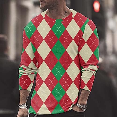 חולצות טריקו של שרוול ארוך של Wocachi לחג המולד לגברים, חג המולד 3D גיאומטרי הדפס גרפי דפוס צוואר צוואר צמרת טופ