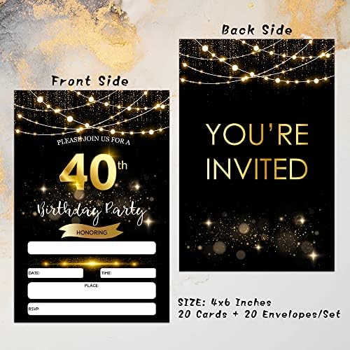 הזמנות ליום הולדת 40 עם מעטפות - מילוי זהב שחור נצנצים מזמין כרטיסים - כרטיס הזמנה למסיבת יום הולדת