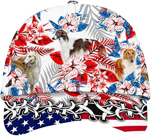 בורזוי כלב היביסקוס טרופי דפוס אמריקאי דגל קלאסי כובע בורזוי פטריוטית גאה קלאסי חה בייסבול כובע