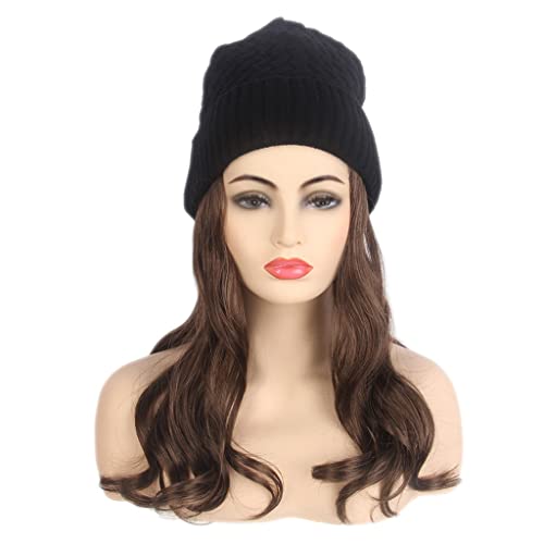 קלק פאה נקבה ארוך שיער עם הוד שחור סרוג כובע פאה ארוך מתולתל חום פאה כובע