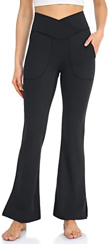 חותלות מתלקחות לנשים יונוגה מכנסי יוגה קרוסאובר עם כיסים מפוצלים מכנסיים מזדמנים של מגף שולי.