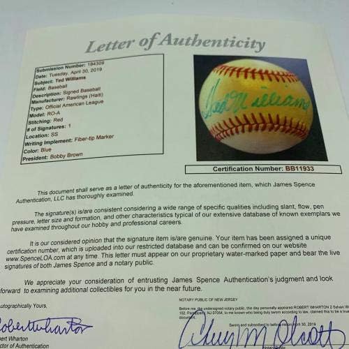 טד וויליאמס חתם על בייסבול של הליגה האמריקאית הרשמית עם JSA COA Red Sox - כדורי חתימה