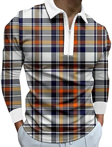 חולצות פולו רוכסן של XXBR Mens, עבודת אופנה טלאי טלאים משובצים משובצים פסים רגילים עם צווארון צווארון