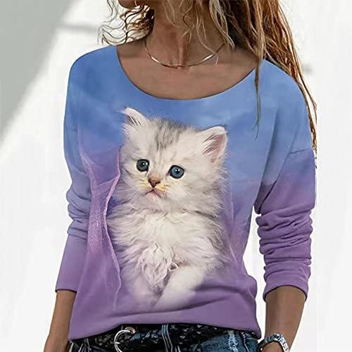 KCJGIKPOK נשים חתול חמוד מודפסות חולצות שרוול ארוך אופנה סווטשירט סווטשירט סוודר סוודר חולצות רופפות